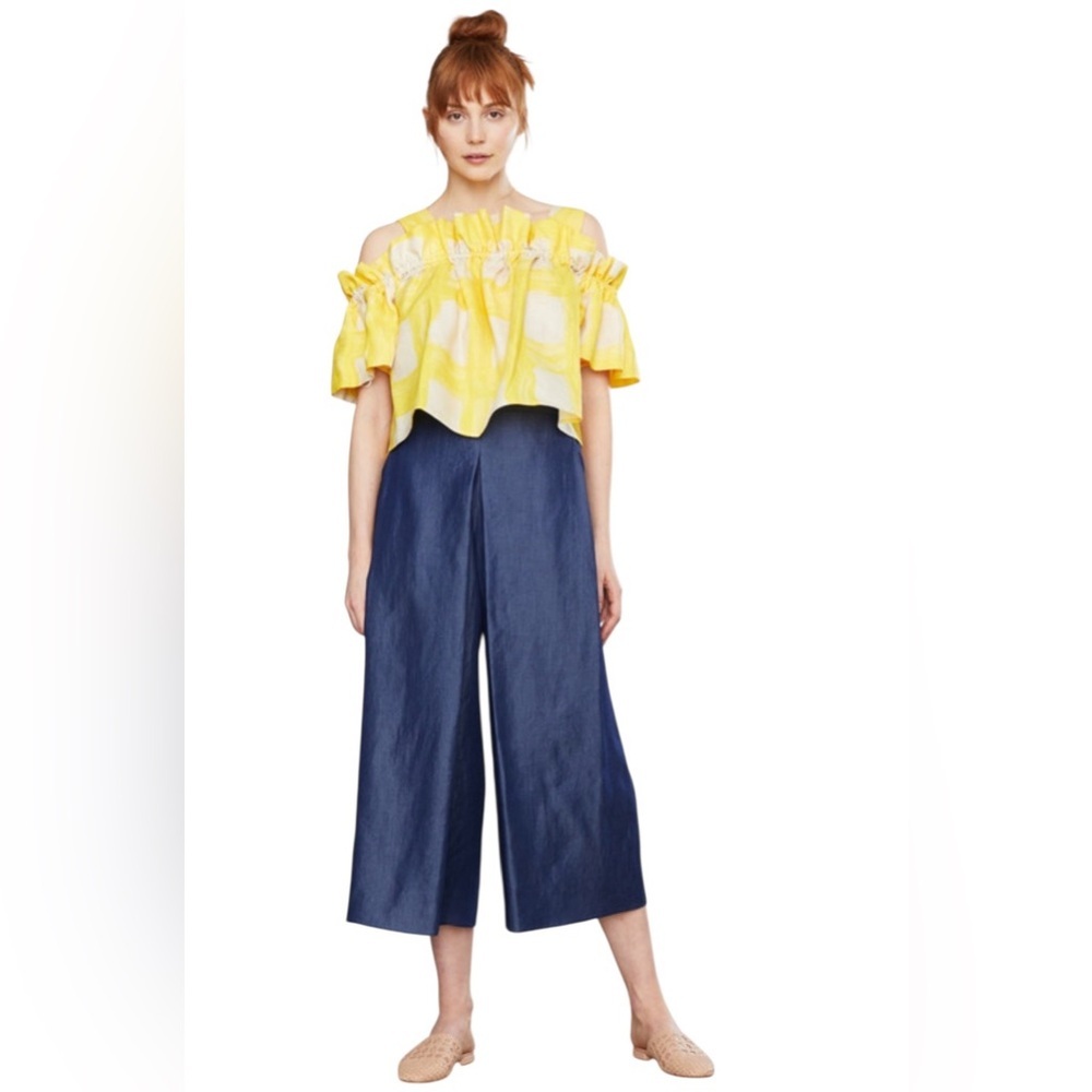 Whit Mariposa Yellow plaid Ruffle Off-Shoulder wide strap 100% linen top small